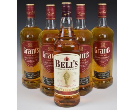 Four Grant's Triple Wood Scotch Whisky, all 1ltr, 40% vol and a bottle of Bell's, 1ltr, 40% vol