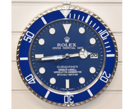 Rolex Oyster Perpetual Date Submariner shop display or advertising wall clock with date aperture, blue dial and blue bezel, c
