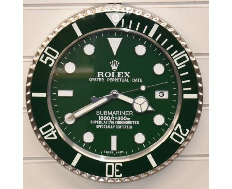 Rolex Oyster Perpetual Date Submariner shop display or advertising wall clock with date aperture, green dial and bezel, case 