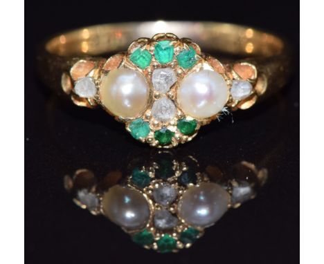 Victorian 18ct gold ring set with split pearls, emeralds and diamonds, size P, 2.9g