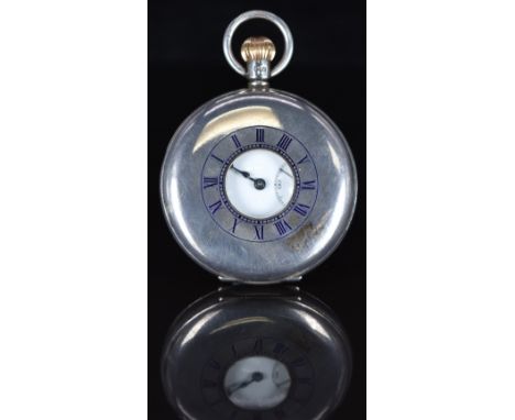 J W Benson hallmarked silver keyless winding half hunter pocket watch with subsidiary seconds dial, blued hands, black Roman 