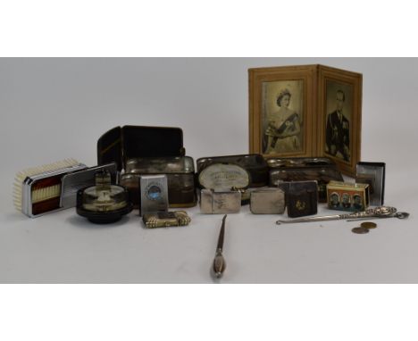Collectables including Art Nouveau hairpin, cased studs, mid century overseas coinage, vesta cases, compass, Moorlands Matche