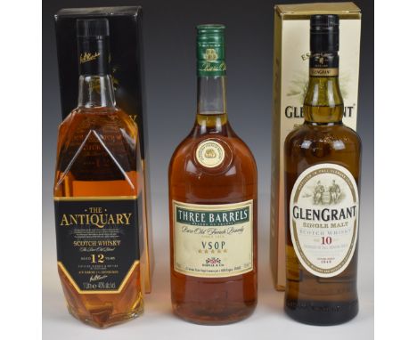 Glen Grant 10 Year Old Single Malt Whisky, 70cl, 40% vol, The Antiquary Scotch Whisky Aged 12 Years, 1ltr, 40% vol, both in p