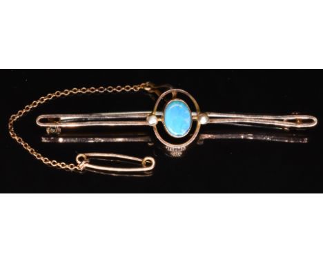 A 9ct gold brooch set with an opal doublet and seed pearls, 2.9g&nbsp;