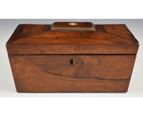 19thC rosewood tea caddy with inlaid mother of pearl diamond to lid, opening to reveal two compartments flanking space for mi
