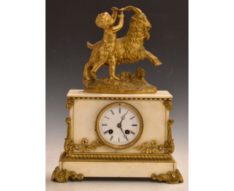 French 19thC mantel clock, the white onyx case with gilt furnishings surmounted by&nbsp;Bacchanalian putto figure with goat, 