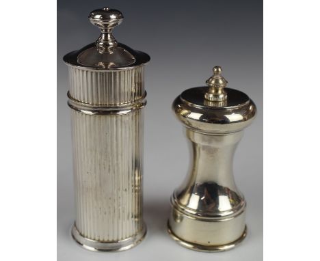 Hallmarked silver pepper grinder, Birmingham 1974, maker J B Chatterley &amp; Sons Ltd, height 10cm, together with a Christof