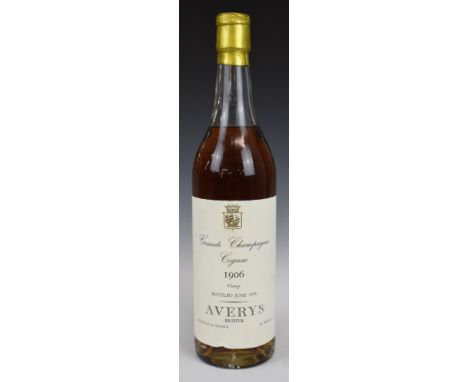 Averys Grande Champagne Cognac 1906 vintage, bottled in June 1974, 65% proof&nbsp;