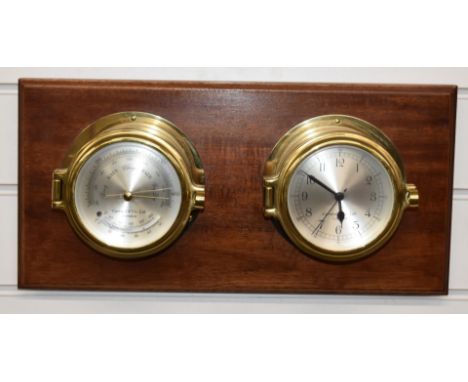 Garrard brass clock and barometer compendium mounted on a wooden plaque, in original Garrard box