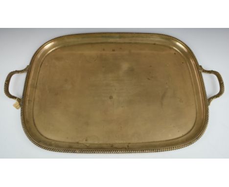 Large George V hallmarked silver twin handled tray with gadrooned edge, with St. James Hospital Portsmouth inscription to cen