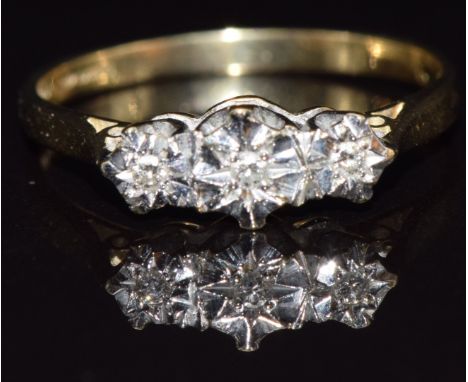 A 9ct gold ring set with three diamonds in star settings, size O, 1.9g