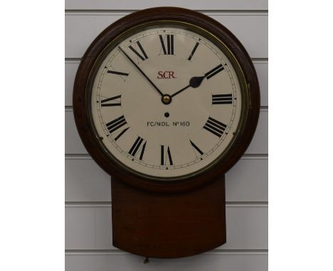 Southern Central Railway drop dial mahogany wall clock with single fusee movement, FC/NDL No 160 and SCR to painted Roman dia