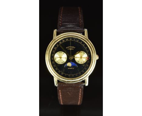 Rotary triple calendar gentleman's wristwatch with moonphase, gold hands, subsidiary dials and hour markers, outer date ring,