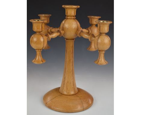 Arts and Crafts turned light oak four branch pedestal candelabra, diameter 32cm, H34cm