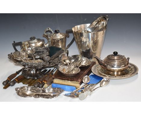 Silver plated items to include Sheffield plate shell shaped dish, cruet stand, ice pail or bucket, blue guilloché enamel dres