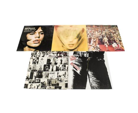 Rolling Stones LPs, five Original UK Rolling Stones and related albums comprising Sticky Fingers (small zip sleeve), Exile on