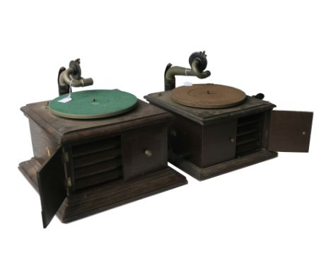 Two hornless gramophones, HMV: Model 1, with No. 2 soundbox (motor defective,  winder replaced);  a Model 56 with replacement