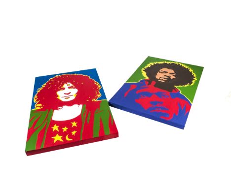 Marc Bolan/Jimi Hendrix, two acrylic on canvas prints (510mm x 760mm) Both in Excellent condition