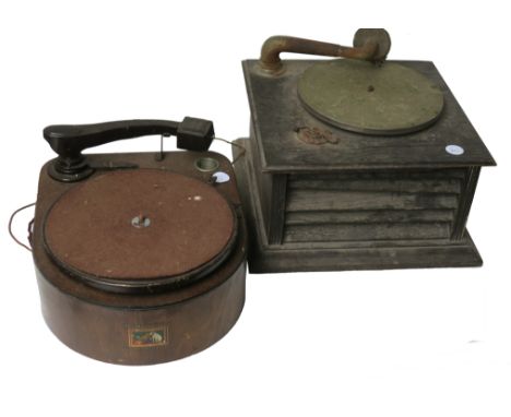 A hornless gramophone, un-named; and an HMV 122 record player (not suitable for mains connection) (2)