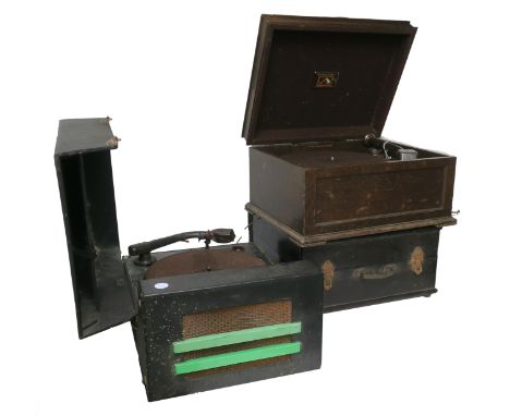 Three record players, one with spring motor and replacement Rothermel pick-up; a portable reproducer by ARW Ltd, Glasgow, wit