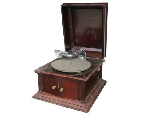 A table grand gramophone un-named, in mahogany case , now with Gilbert bugle tone-arm (no winder)