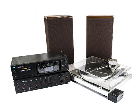 Stereo System, Trio quartz P22 direct turntable KD-50F (cracked Perspex lid) Mordant Short Festival 3 speakers serial no 6006