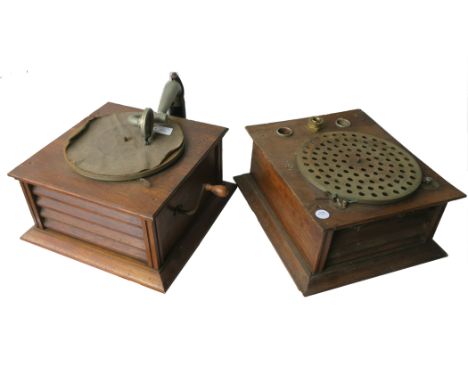 A hornless gramophone, Zonophone Model 1 (LVO), with replacement soundbox (motor runs); and another hornless gramophone, inco
