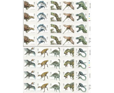 Dinosaurs two attractive sheets of mint unused stamps with traffic light edge. Has 40 x 1st class stamps with face value £26.
