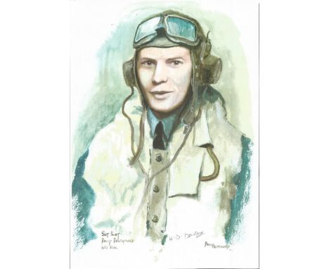 Sgt Pilot David Denchfield WW2 RAF Battle of Britain Pilot signed colour print 12 x 8 inch signed in Pencil. Image of him in 