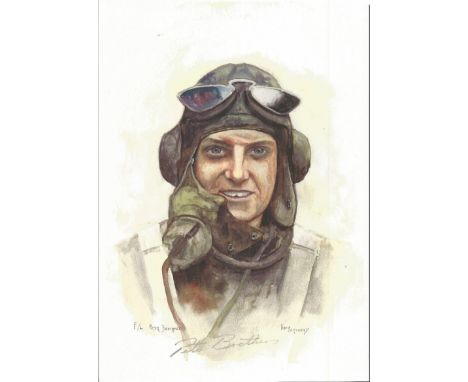 F/L Peter Brothers WW2 RAF Battle of Britain Pilot signed colour print 12 x 8 inch signed in Pencil. Image of him in flying g