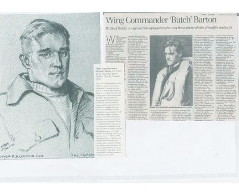 Wing Commander Robert Alexander Butch Barton OBE DFC* UNSIGNED LOT Obituary and copy of excellent wartime sketch by Cuthbert 