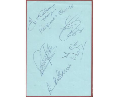 Status Quo rock band signed vintage autograph album page. Signed by Rick Parfitt, Francis Rossi, John Rhino Edwards, Andy Bro