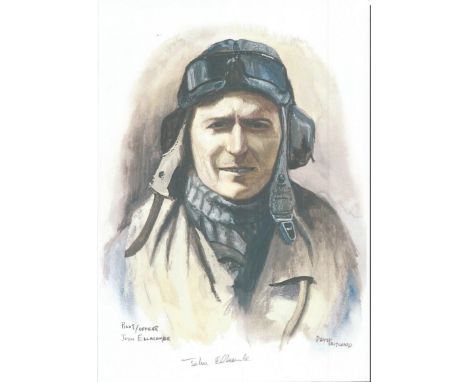 Plt Off John Ellacombe WW2 RAF Battle of Britain Pilot signed colour print 12 x 8 inch signed in Pencil. Image of him in flyi