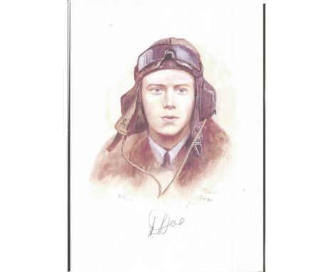 Plt Off Bob Doe WW2 RAF Battle of Britain Pilot signed colour print 12 x 8 inch signed in Pencil. Image of him in flying gear