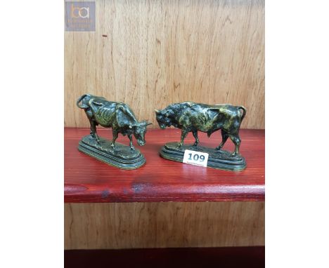 BRONZE BULL &amp; COW SIGNED ISIDORE JULES BONHEUR 1827-1901. HEIGHT " X 3" LENGTH