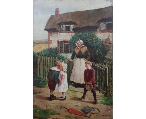 THOMAS BROWNE - OIL ON CANVAS - CHILDREN PLAYING AT THE GATE 24" X 36"