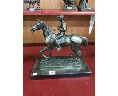 FRENCH BRONZE OF HORSE &amp; JOCKEY SIGNED ETIENNE-DESIRE LOISEAU. STANDS 12" TO INC BASE