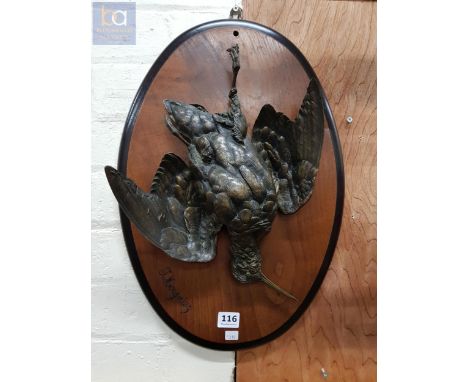 BRONZE WOODCOCK ON PLAQUE SIGNED JULES MOIGNIEZ (1835-1893). THE PLAQUE IS 20" IN LENGTH.