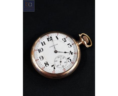 ANTIQUE GOLD PLATED HAMILTON RAILWAY OPEN FACED POCKET WATCH WITH SCREW IN BACK IN GOOD WORKING ORDER 