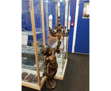 LARGE BRONZE FIGURE WITH CANDLEABRA STANDING 54" TALL SIGNED PETERS