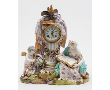 A Continental porcelain figural mantel clock: modelled with a seated barefoot girl with an open book of geometry on her lap a