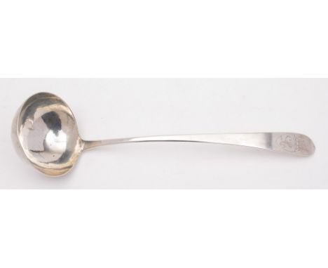 A George II Irish silver pointed Old English pattern soup ladle, maker's mark worn, Dublin, 1739: crested, 35cm. long, 6.26oz