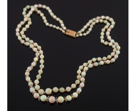 A graduated opal bead two string necklace:, the opals graduating from 4mm diameter to 9mm diameter, with 9ct gold rectangular