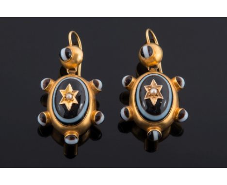 A pair of 19th century gold, banded agate and seed-pearl drop earrings: each with an oval banded agate with seed-pearl-set st
