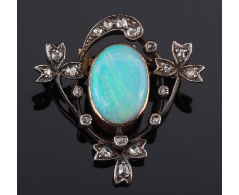 An opal and rose diamond brooch:, the single, oval opal approximately 15mm long x 11mm wide, within a surround of rose diamon