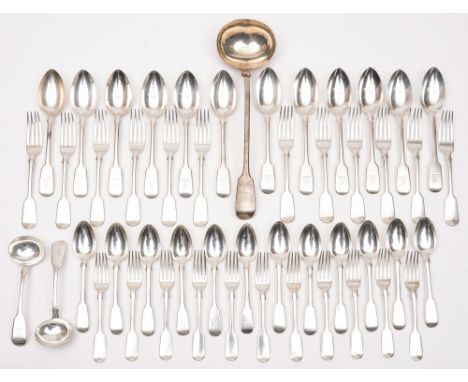 A matched fiddle pattern part flatware service, various makers and dates: crested, includes twelve table spoons, twelve desse