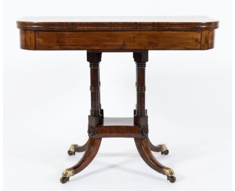 A Regency mahogany and inlaid rectangular card table:, bordered with ebony lines, the baize lined hinged top with rounded cor