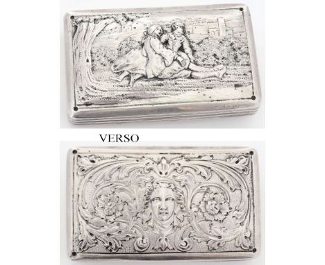 A 19th century Continental silver snuff box: of rectangular outline, the lid decorated with figures of lovers seated under a 