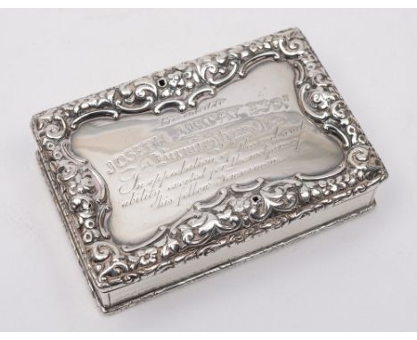 A Victorian silver presentation snuff box, maker John Tongue, Birmingham, 1842: presentation inscription, of rectangular form