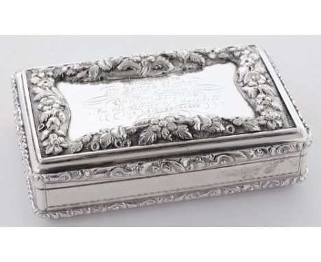 A Victorian silver presentation snuff box, maker Francis Clark, Birmingham, 1840: presentation inscription to the hinged lid 